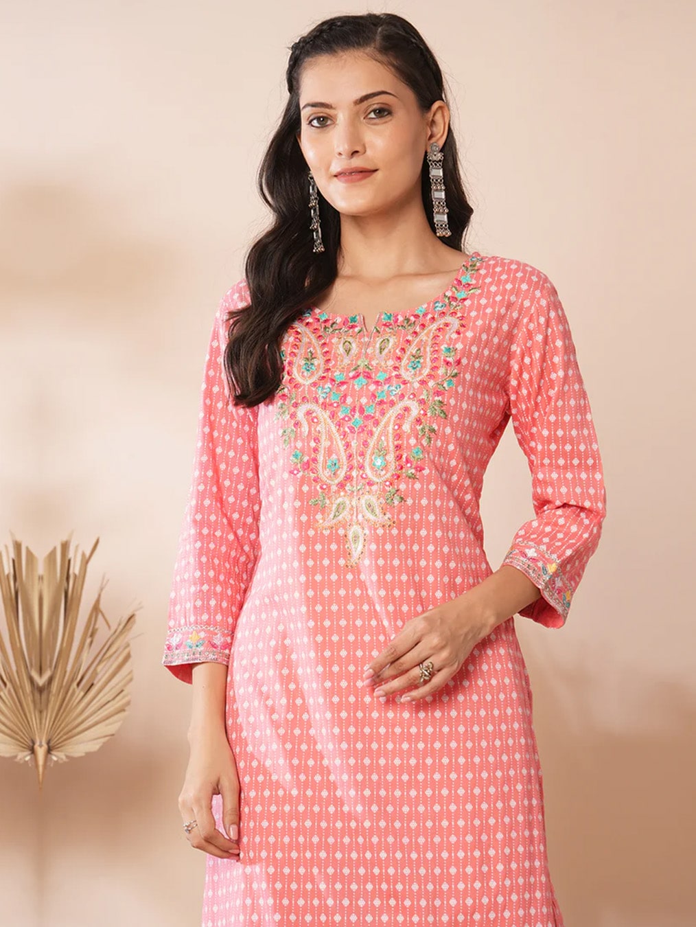 Peach Motif Ethnic Floral Dress