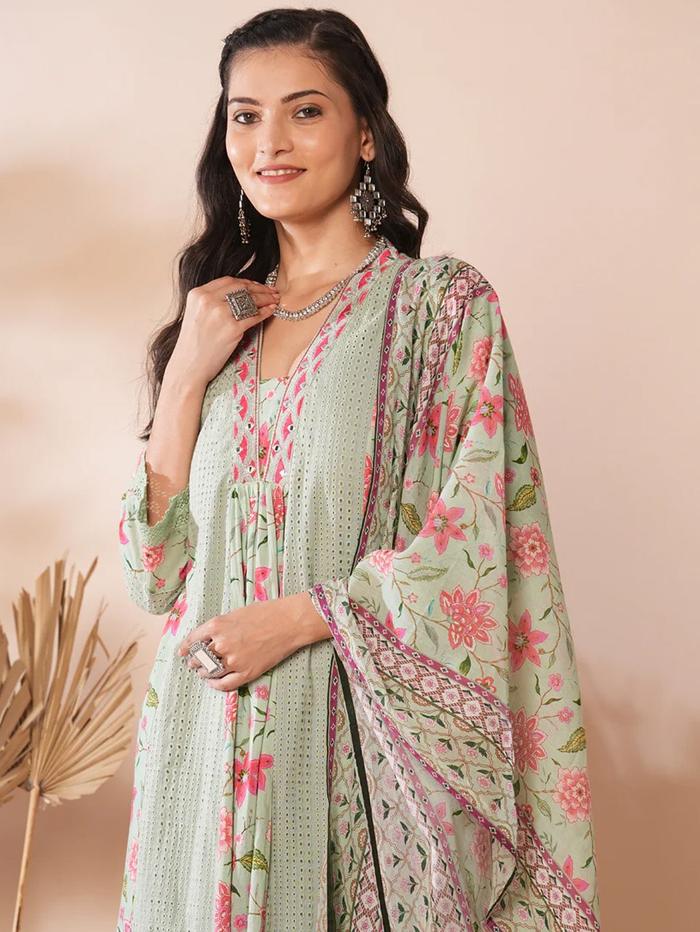 Green Floral Print Ethnic Costume