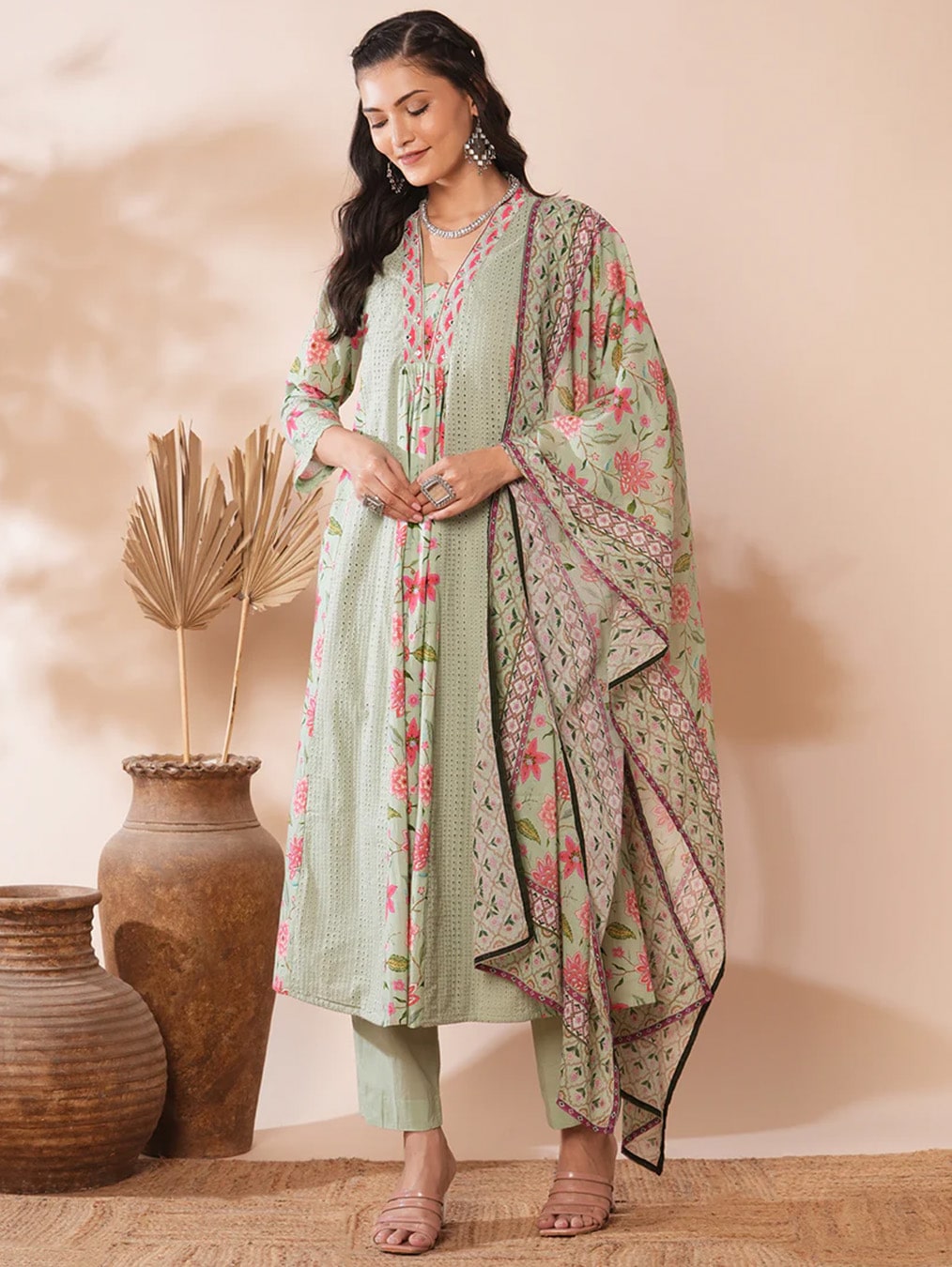 Green Floral Print Ethnic Costume